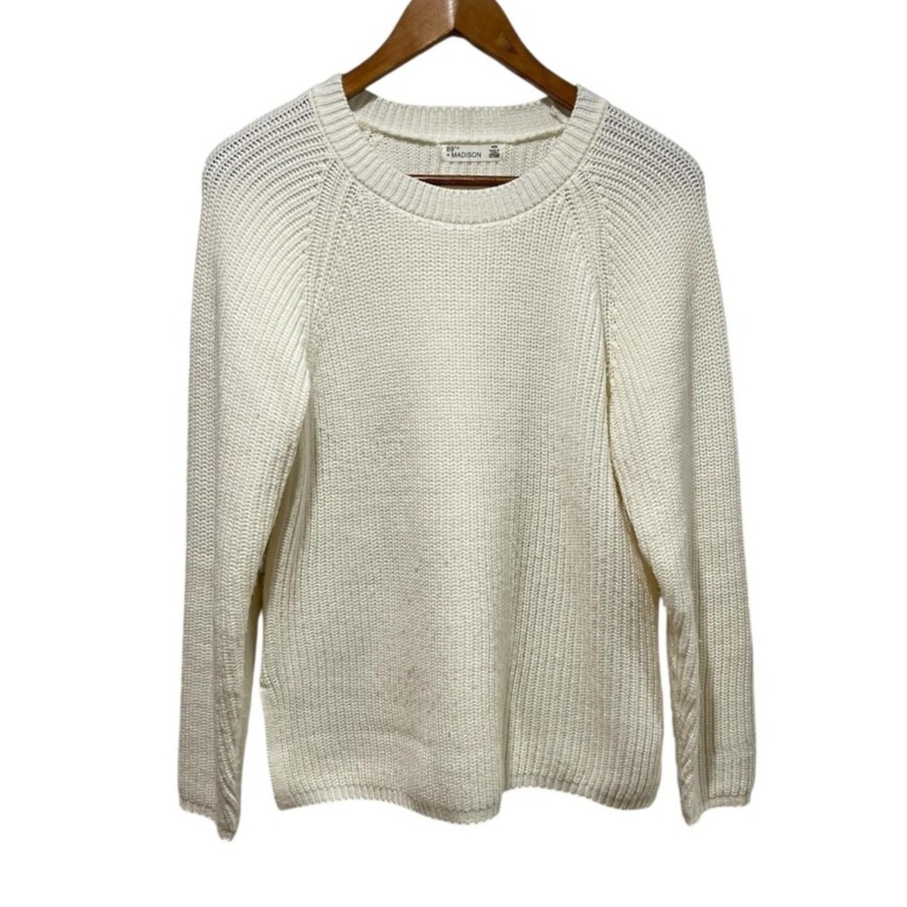 89th + Madison Sweater Women's Med Ivory Textured Knit Sweater Crew Neck Casual